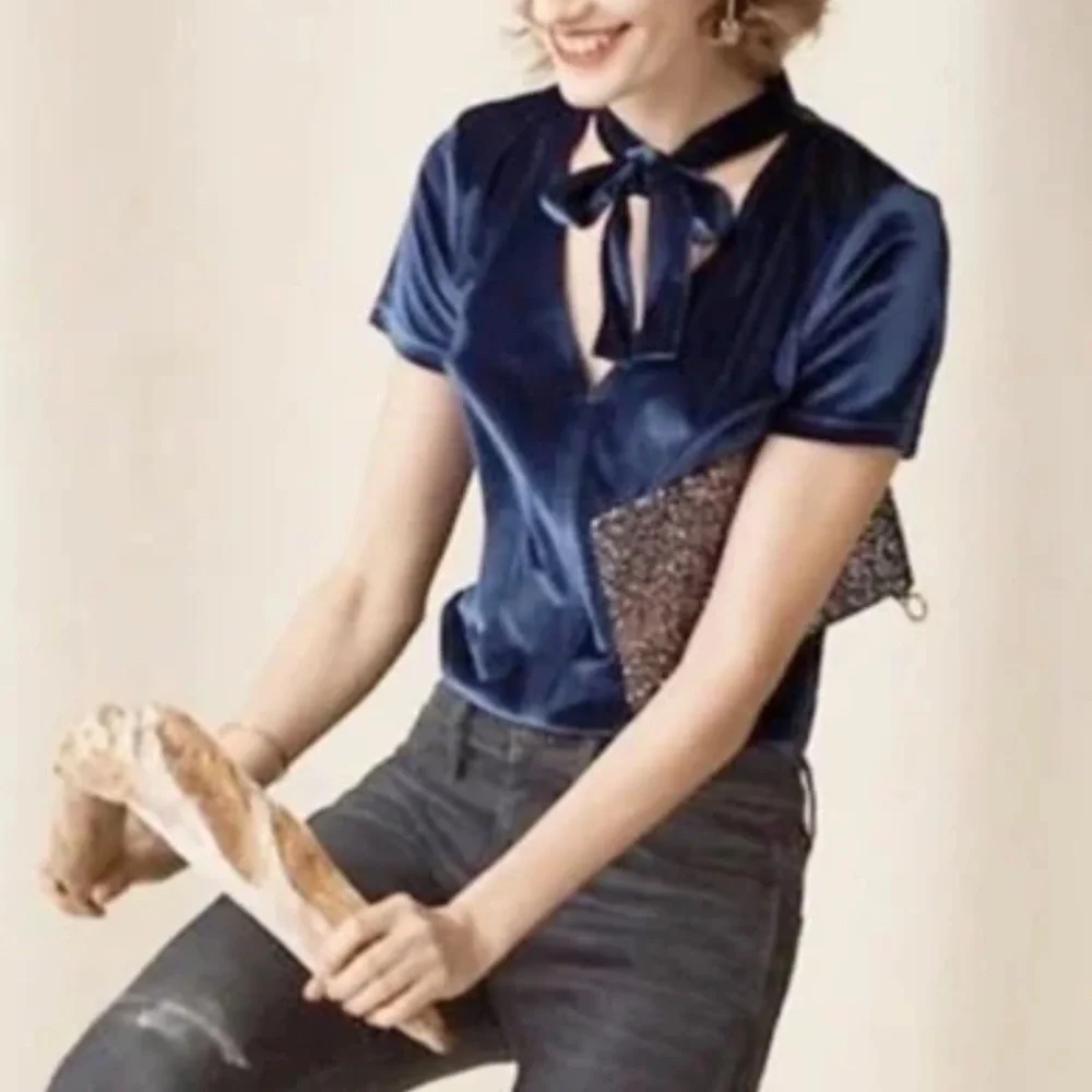 Madewell Velvet Tie Neck Top Nightfall Blue Size Small